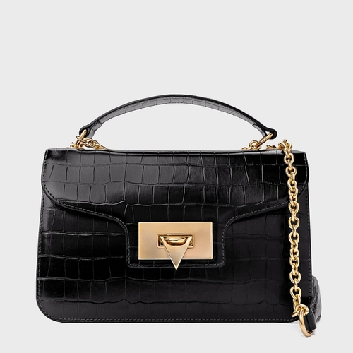 Bolsa Shoulder Catarina Média Couro Croco Preto