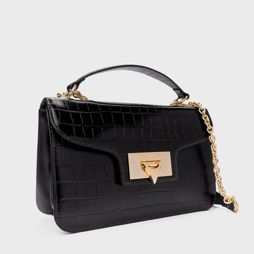 Bolsa Shoulder Catarina Média Couro Croco Preto
