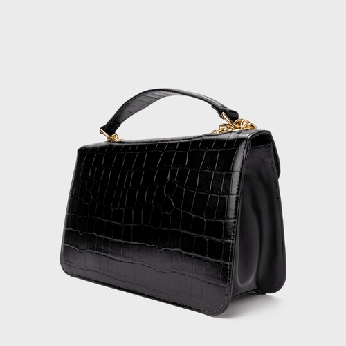 Bolsa Shoulder Catarina Média Couro Croco Preto