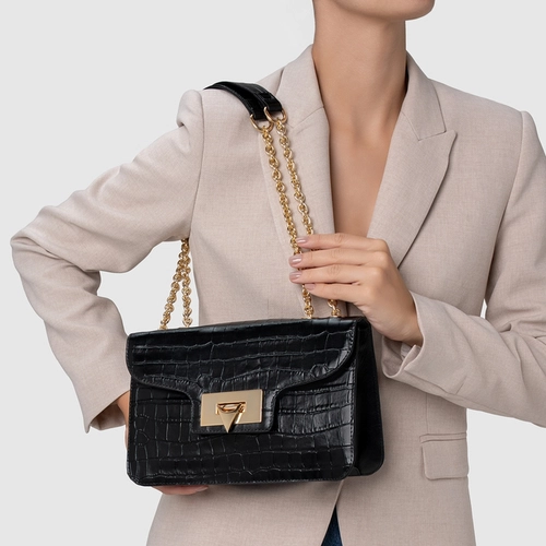 Bolsa Shoulder Catarina Média Couro Croco Preto