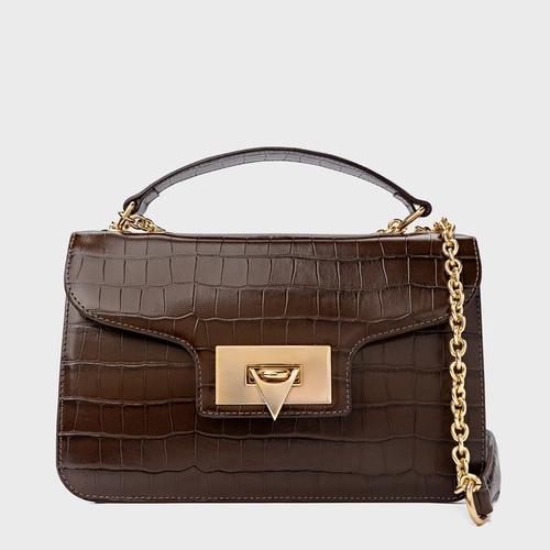 Bolsa Shoulder Catarina Média Couro Croco Marrom Dark Brown