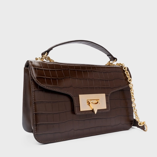 Bolsa Shoulder Catarina Média Couro Croco Marrom Dark Brown