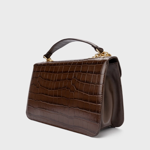 Bolsa Shoulder Catarina Média Couro Croco Marrom Dark Brown