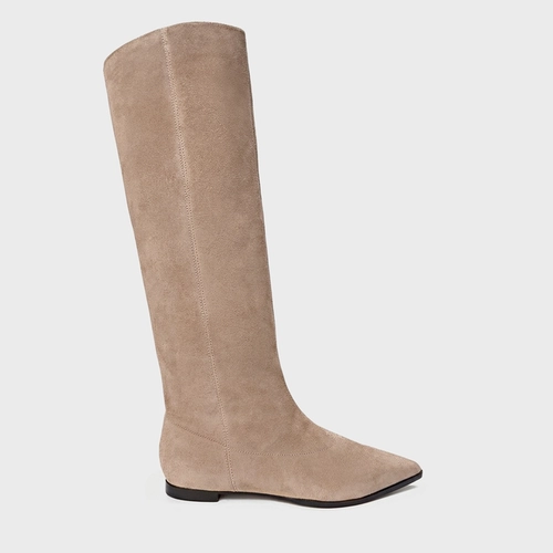 Bota Bico Alongado Cano Alto Couro Suede Bege Funghi