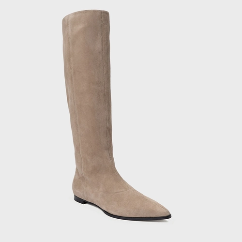 Bota Bico Alongado Cano Alto Couro Suede Bege Funghi