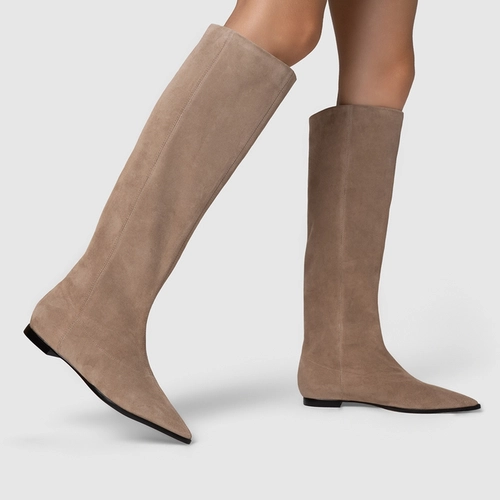 Bota Bico Alongado Cano Alto Couro Suede Bege Funghi