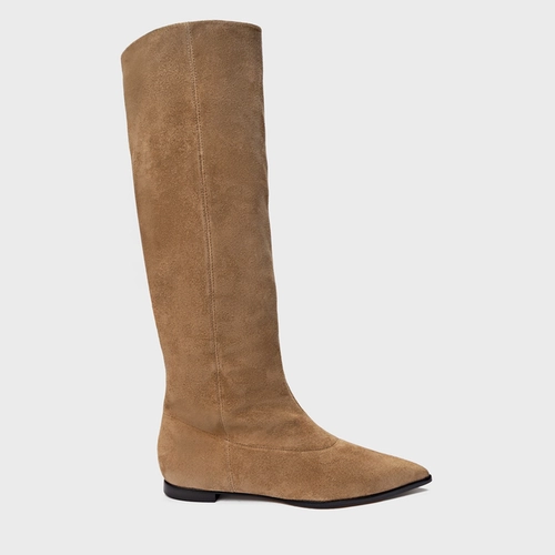 Bota Bico Alongado Cano Alto Couro Suede Bege Almond