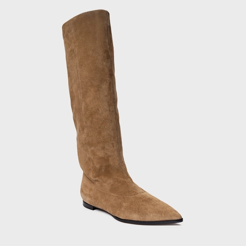 Bota Bico Alongado Cano Alto Couro Suede Bege Almond