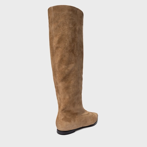 Bota Bico Alongado Cano Alto Couro Suede Bege Almond