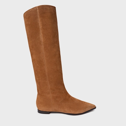 Bota Bico Alongado Cano Alto Couro Suede Marrom Saddle