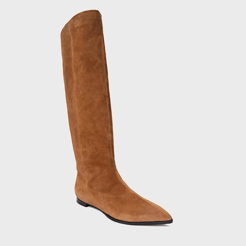Bota Bico Alongado Cano Alto Couro Suede Marrom Saddle
