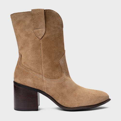 Bota Everyday Salto Bloco Couro Suede Bege Almond