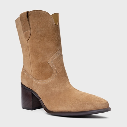 Bota Everyday Salto Bloco Couro Suede Bege Almond