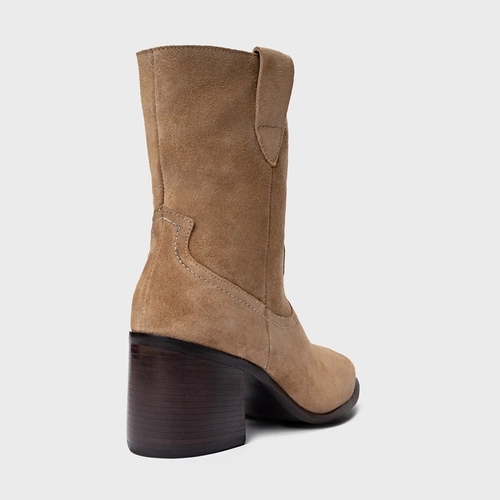 Bota Everyday Salto Bloco Couro Suede Bege Almond