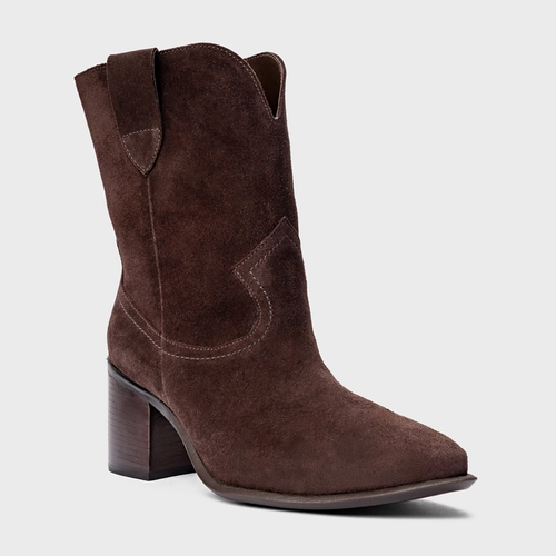 Bota Everyday Salto Bloco Couro Suede Marrom Ganache