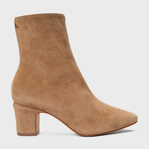 Bota Core Icon Salto Bloco Couro Suede Bege Almond