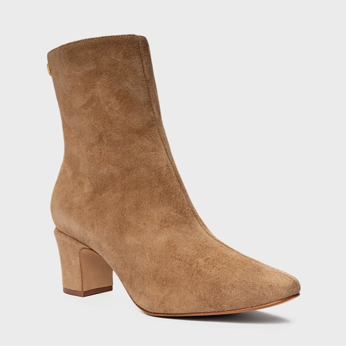 Bota Core Icon Salto Bloco Couro Suede Bege Almond