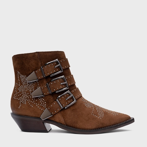 Bota Western Bordado Triple Fivelas Couro Suede Marrom Brownie