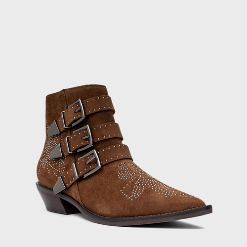 Bota Western Bordado Triple Fivelas Couro Suede Marrom Brownie