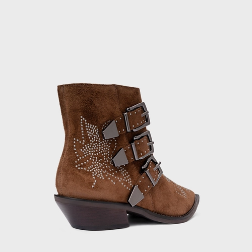 Bota Western Bordado Triple Fivelas Couro Suede Marrom Brownie
