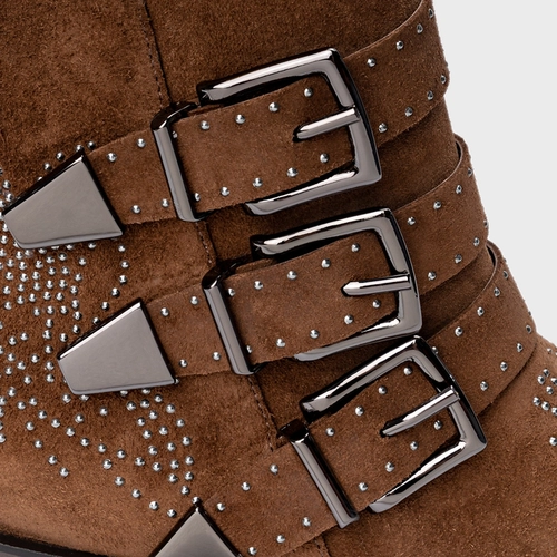 Bota Western Bordado Triple Fivelas Couro Suede Marrom Brownie