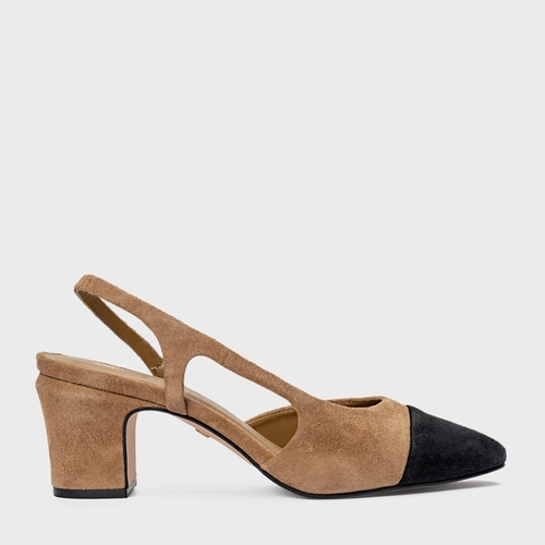 Scarpin Slingback Cap Toe Salto Bloco Couro Suede Bege Almond