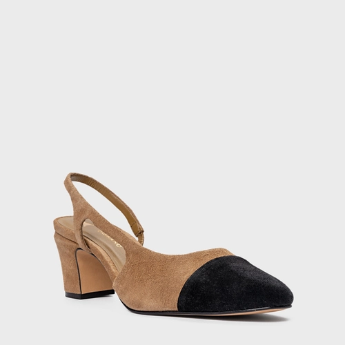 Scarpin Slingback Cap Toe Salto Bloco Couro Suede Bege Almond