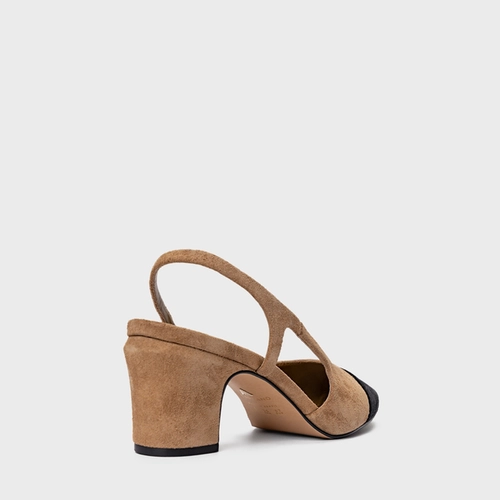 Scarpin Slingback Cap Toe Salto Bloco Couro Suede Bege Almond