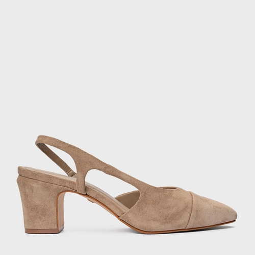 Scarpin Slingback Cap Toe Salto Bloco Couro Suede Bege Funghi