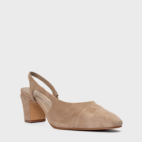 Scarpin Slingback Cap Toe Salto Bloco Couro Suede Bege Funghi