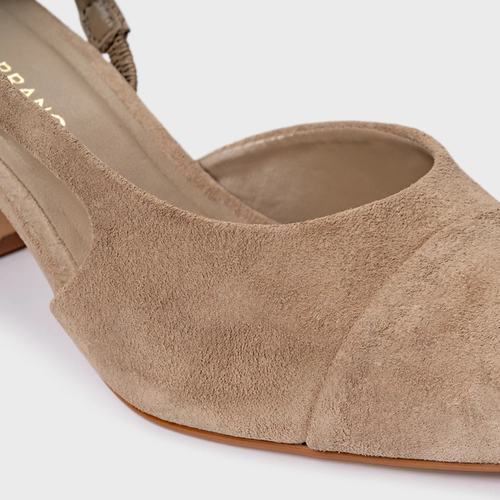 Scarpin Slingback Cap Toe Salto Bloco Couro Suede Bege Funghi