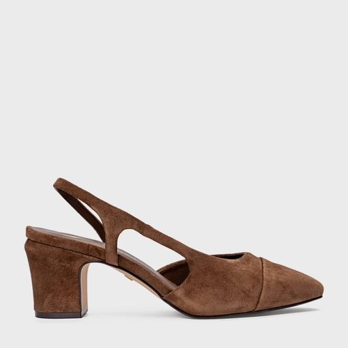 Scarpin Slingback Cap Toe Salto Bloco Couro Suede Marrom Brownie