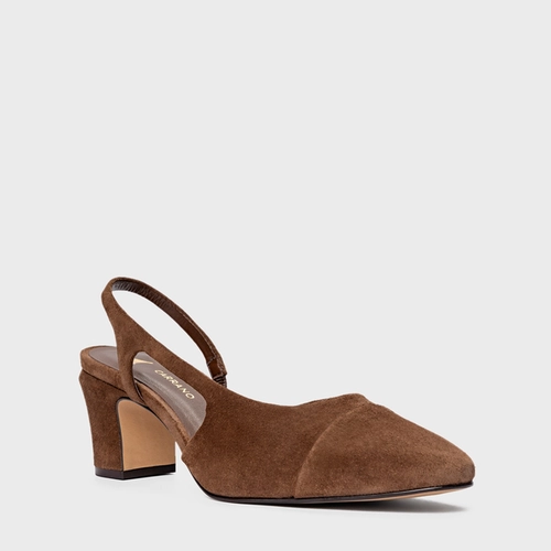 Scarpin Slingback Cap Toe Salto Bloco Couro Suede Marrom Brownie