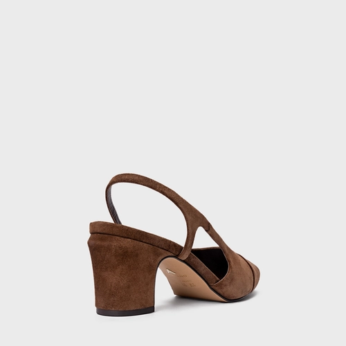 Scarpin Slingback Cap Toe Salto Bloco Couro Suede Marrom Brownie