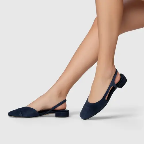 Sapatilha Slingback Cap Toe Couro Suede Azul Navy