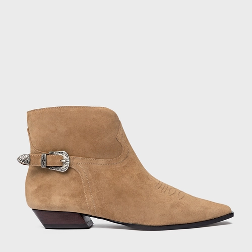 Bota Western Fivela Couro Suede Bege Almond
