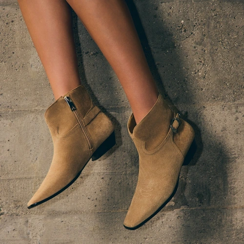 Bota Western Fivela Couro Suede Bege Almond
