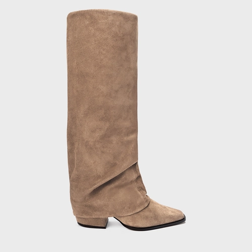 Bota Western Capa Cano Alto Salto Bloco Couro Suede Bege Funghi