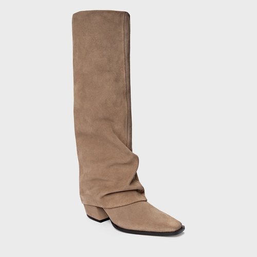 Bota Western Capa Cano Alto Salto Bloco Couro Suede Bege Funghi