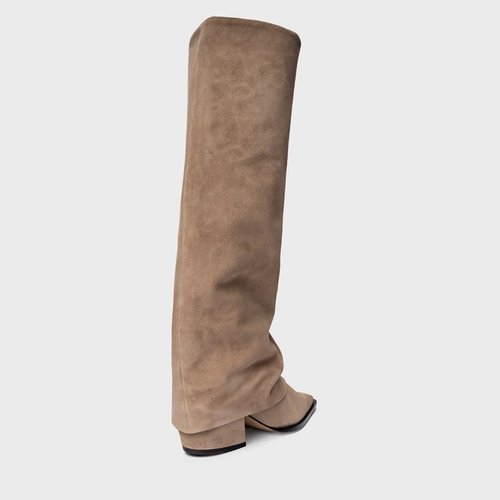 Bota Western Capa Cano Alto Salto Bloco Couro Suede Bege Funghi