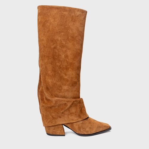 Bota Western Capa Cano Alto Salto Bloco Couro Suede Marrom Saddle