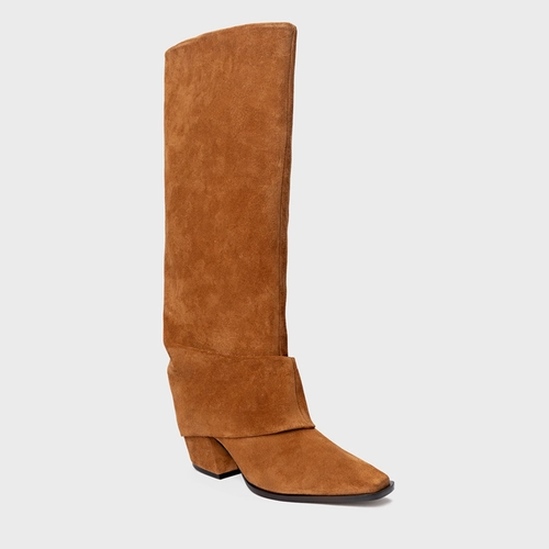 Bota Western Capa Cano Alto Salto Bloco Couro Suede Marrom Saddle