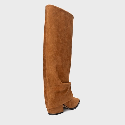Bota Western Capa Cano Alto Salto Bloco Couro Suede Marrom Saddle