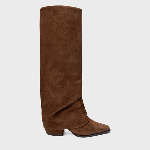 Bota Western Capa Cano Alto Salto Bloco Couro Suede Marrom Brownie