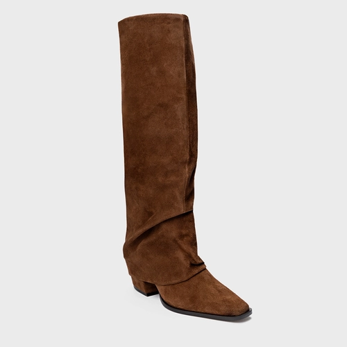 Bota Western Capa Cano Alto Salto Bloco Couro Suede Marrom Brownie
