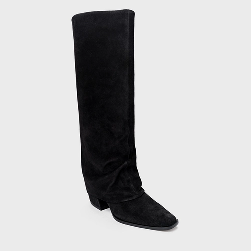Bota Western Capa Cano Alto Salto Bloco Couro Suede Preto