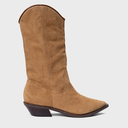 Bota Western Daily Salto Bloco Couro Suede Bege Almond