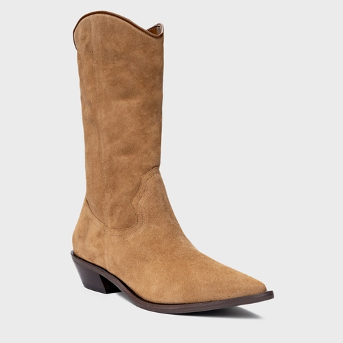 Bota Western Daily Salto Bloco Couro Suede Bege Almond