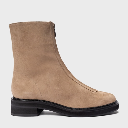 Bota Ziper Salto Bloco Couro Suede Bege Funghi