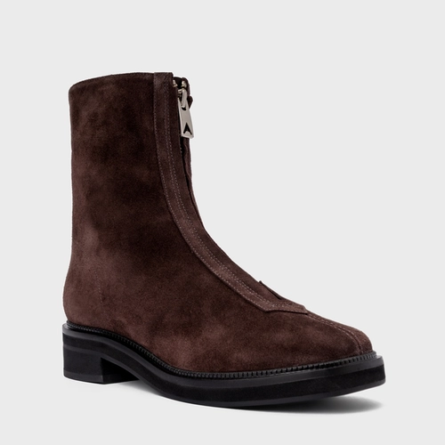 Bota Ziper Salto Bloco Couro Suede Marrom Ganache